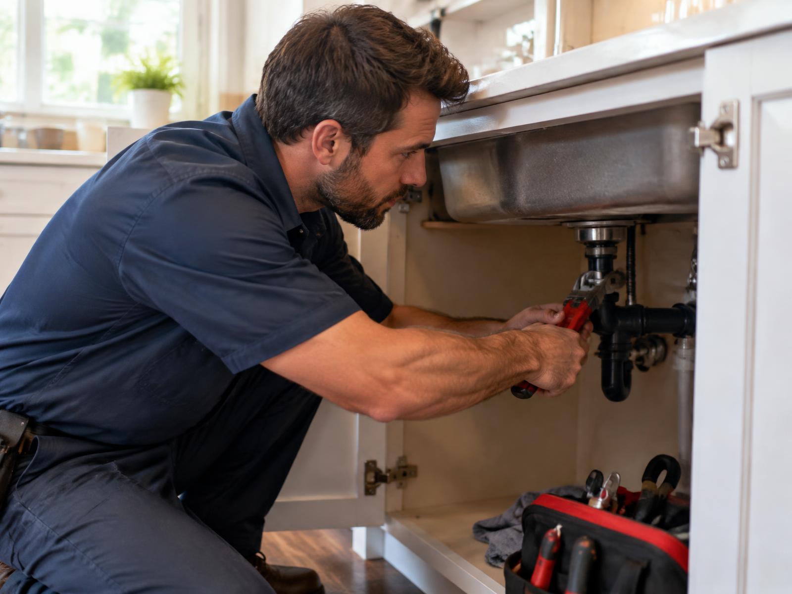 A plumber completing a residential sink repair
